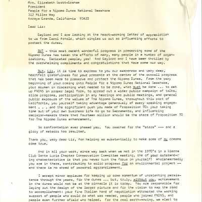Letter from Kathleen Goddard-Jones and Gaylord Jones to Elizabeth Scott-Graham thanking her for her work with People for the Nipomo Dunes - July 17 - 1989