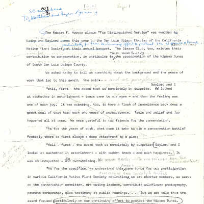 Article regarding the Robert F. Hoover plaque "For Distinguished Service" which was awarded to Kathleen and Gaylord Jones by the San Luis Obispo Chapter of the California Native Plant Society - 1977