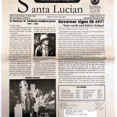 Sierra Club Santa Lucian, Santa Lucia Chapter San Luis Obsipo, CA, Volume 38, No. 10 - November/December 2001 - "In Memory of Kathleen Goddard Jones 1907-2001" Article by Grace Beigle