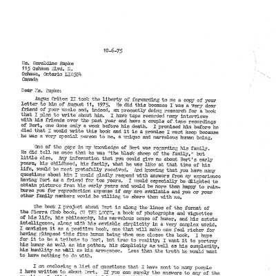Letter to Geraldine Rupke, Bert Schievink's niece.