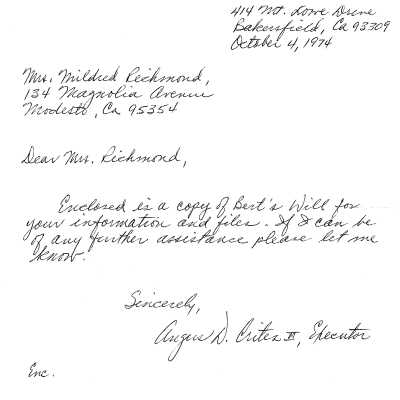 Letter from Angus D. Crites, executor of Bert Schi