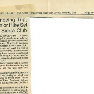 "Canoeing Trip, Senior Hike Set By Sierra Club" - Five Cities Times-Press-Recorder article - November 18 - 1987