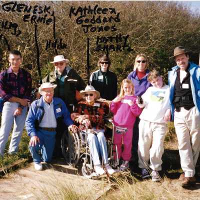 Photo on bridge of hike with Kathleen Goddard Jones, Hilda Glenesk, Hal Shartz, Larry Vierheilig, and Kathy Shartz, 12/25/1997 - 5" x 6.75" color photograph