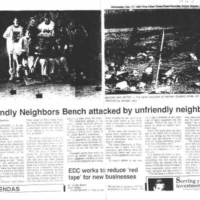 "Friendly Neighbors Bench attacked by unfriendly neighbors" by Michael Yparrea, Bench dedicated to Kathleen Goddrad Jones destroyed, photos included, Wednesday, December 7, Five Cities Times-Press-Recorder, Arroyo Grande, CA - 1997