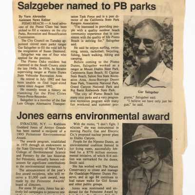 Newspaper clipping, "Jones earns enviromental award" Photo of Kathleen Goddard Jones included - 1993