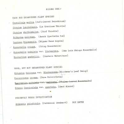 A partial list of the pants of the Nipomo Dunes habitat, compiled by Kathleen Goddard-Jones - April 4 - 1986