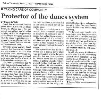 "Protector of the Dunes System" Article by Stephnie Wald, Thursday, July 17, Santa Maria Times - 1997