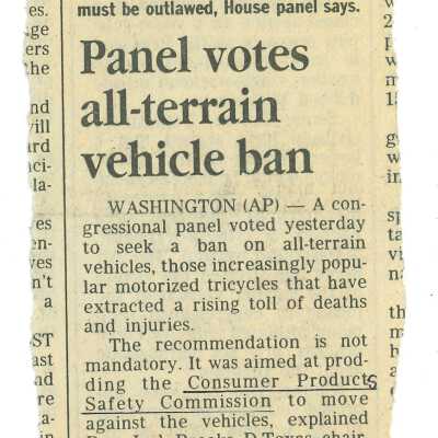 "Panel votes all-terrain vehicle ban" - Clipping with note from Kathleen Goddard-Jones - August 1986