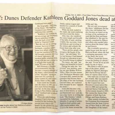 Friday, Oct 5, Five Cities Times-Press-Recorder, Arroyo Grande, CA - "Lady: Dunes Defender Kathleen Goddard Jones dead at age 94" Photo of Kathleen Goddard Jones included by Glenn Bolivar - 2001