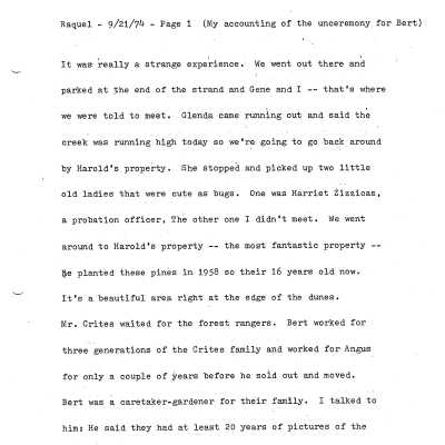 Raquel - 1974 "My accounting of the unceremony for Bert."