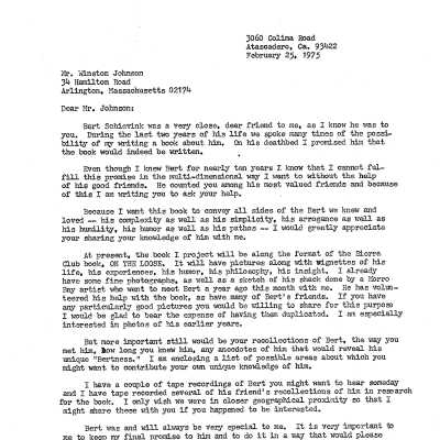 Letter to Winston Johnson asking for information about Bert Schievink