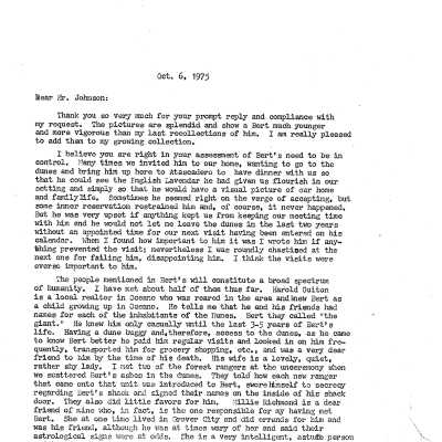 Letter to Winston Johnson asking for information about Bert Schievink