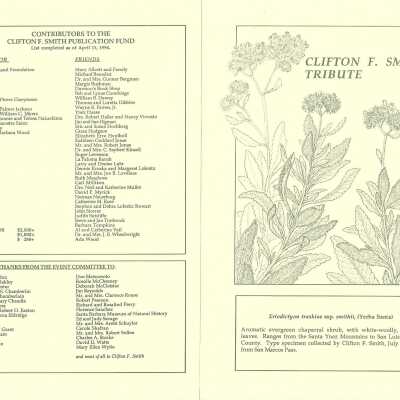 Clifton F. Smith Tribute program and schedule of events, Letter from Kathleen Goddard Jones to Santa Barbara Botanic Garden People concerning her donation to the foundation and memeories of Clifton F. Smith, February 11 - 1994