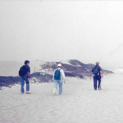 Hikers in Dunes, Note on folder: "removed from display in storage in August 2016" - Undated 4" x 11.5" color photograph