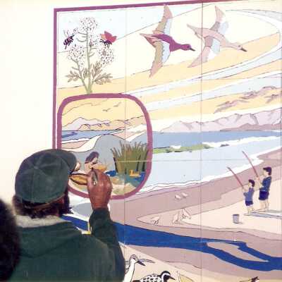Dunes Discovery  Center mural 11/96. Artists John Lwerks puts finishing touches on mural.