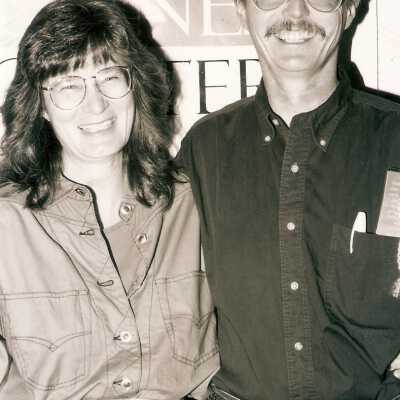 Volunteer Appreciation Party at Dunes Discovery Center July 2000; Linda Naydol and Al Naydol.  4" x 6" black and white photograph