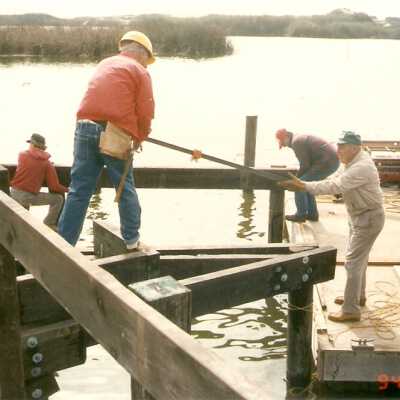 Bridge construction 1994. Ray Folckm Chuck Warner, Jim Neuschwander, Roger Hamm, and Dick Williams.
