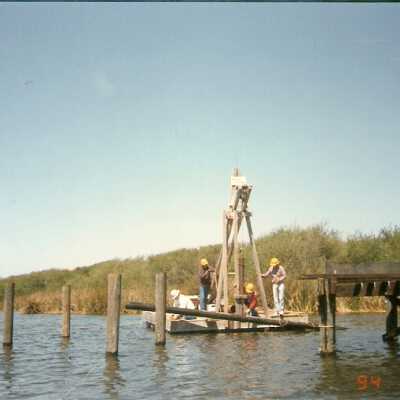 Bridge construction 1994. Roger Hamm, Milt Webb, Jim Neuschwander, and Joe Manion.