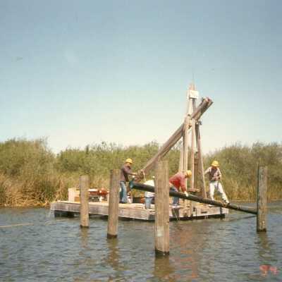 Bridge construction 1994. Roger Hamm, Milt Webb, Jim Neuschwander, and Joe Manion.