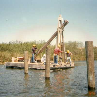 Bridge construction 1994. Roger Hamm, Milt Webb, Jim Neuschwander, and Joe Manion.