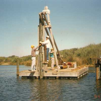 Bridge construction 1994. Joe Manion, Milt Webb, and Chuck Warner.