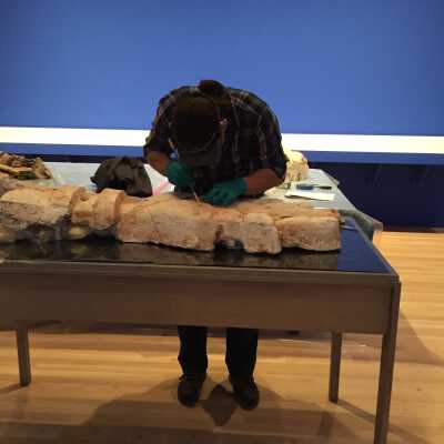 Hand during cleaning/conservation at Hammer Museum during loan in 2016 for "Made in LA" Exhibition for Biennial