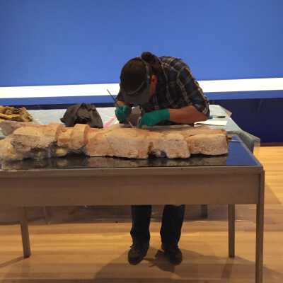 Hand during cleaning/conservation at Hammer Museum during loan in 2016 for "Made in LA" Exhibition for Biennial