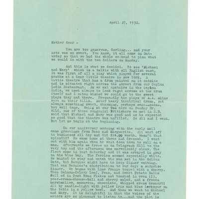April 27, 1932, San Francisco, Letter typed on blue paper from Kathleen Ali to Mrs. W.R. Goddard, going to a talkie, wedding anniversary, envelope included