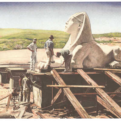 "The Ten Commandments" picture hand-painted by allen simmons.Workers in 1923 assemble 1 of 21 Sphinxes used filming.