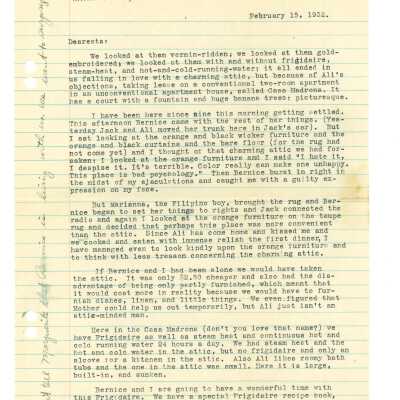February 15, 1932, San Francisco, Typed letter from Kathleen Ali to W.R. Goddard & Family, new apartment with sister and money issues, drawing of apartment floorplan, envelope included