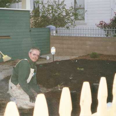 Dunes Discovery Center garden Al Naydol's plant class landscaping front yard 4/01. Florence Mathews with broom.
