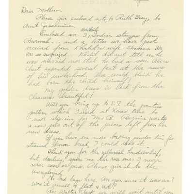 April 15, 1932, San Francisco, Letter to Kathleen from Shereen in Rauqoon (Ali's Brother, Khahil's wife) replying to Kathleen's past correspondence; May 10, 1932, Postcard planning trip to Santa Barbara and San Diego; May 31, 1932, Letter written on back of saftey appliance company agreement from Kathleen Ali to W.R. Goddard & Family, handkerchief, bothersome neighbor, envelope included