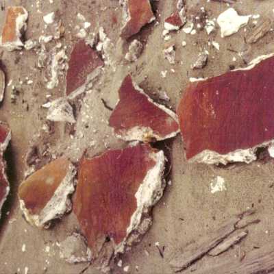 1997 Ten Commandments excavation. Large plaster pieces with redish paint coat on one side.