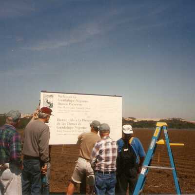 Installation of signs on beaches 3/1996.Dick Williams, Don Wood, Pete St. John, Jim Neuschwander, Frank Perez at Oso Flaco Lake.