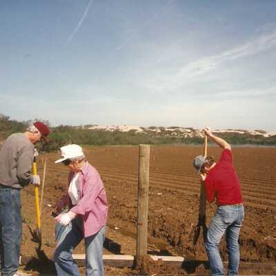 Installation of signs on beaches 3/1996. Frank Perez, Pete St. John, Don Wood, Gerda Perez, and Chuck Warner at Oso Flaco Lake.