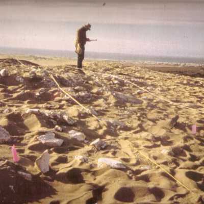 1997 Ten Commandments excavation. Site of first dig roped off with man surveying the area.