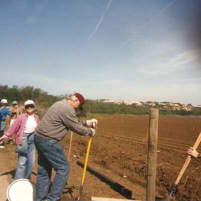 Installation of signs on beaches 3/1996. Frank Perez, Pete St. John, Don Wood, Gerda Perez, and Chuck Warner at Oso Flaco Lake.