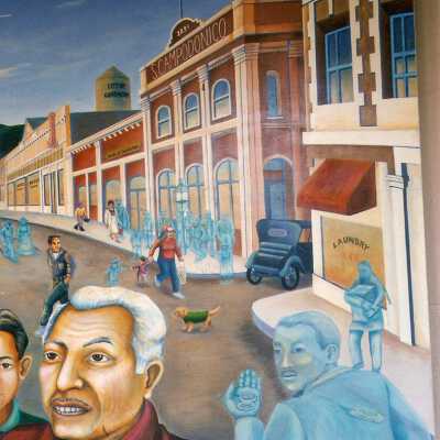 Mural by famed muralist, Judy Baca, on City Hall, 918 Obispo Street, Guadalupe