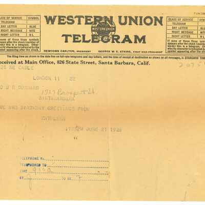Western Union Telegraph, birthday greeting from Kathleen Goddard-Jones