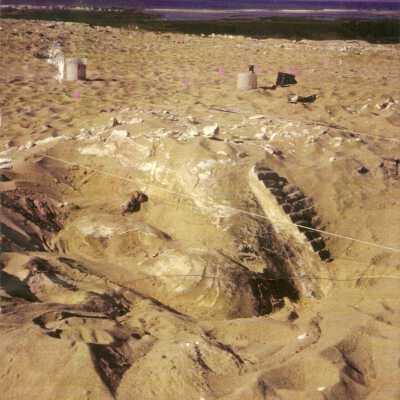 1997 Ten Commandments excavation. Unearthing large plaster piece. Believed to be shphinx headdress.