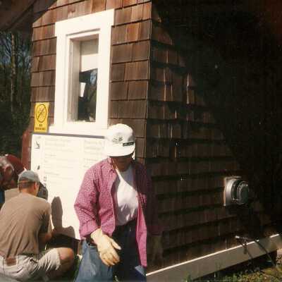 Installation of signs on beaches 3/1996. Don Wood, Pete St. John, and Gerda Perez, at Oso Flaco Lake.