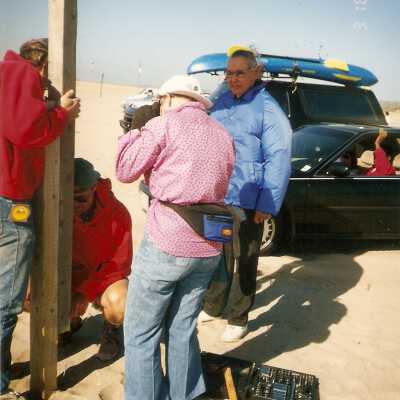 Installation of signs on beaches 3/1996. Chuck Warner, Pete St. John, Gerda Perez, and Frank Perez at Guadalupe Beach.