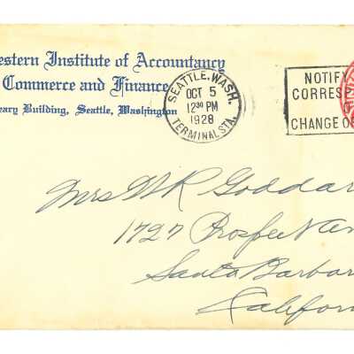 October 5, 1928, Personal correspondence to Mrs. Goddard, Letter about trip to Oakland with Kathleen Goddard and notes on Kathleen's personal life, envelope included
