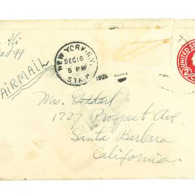 December 16, 1929, New York City, Letter from Kathleen Ali to Mrs. Goddard, request to forward a message to her aunt, envelope included