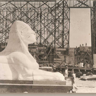 1923 side view of completed sphinx with framing of main set piece in backround.
