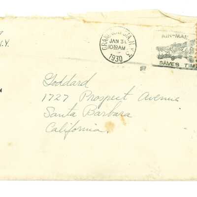 January 30, 1930, New York City, Letter from Kathleen Ali to W.R. Goddard & Family, photos of a baby and mountain landscapes, envelopes included