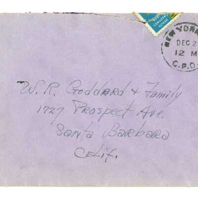 December 21, 1929, New York City, Letter from Kathleen Ali to W.R. Goddard & Family, letter confirming arrival of Christmas packages, envelope included