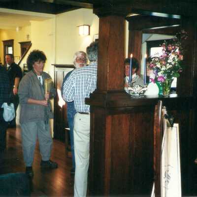 Jim Anderson, Nancy Dreher, Tom Neuman, Art Cooley, and Nancy Cooley by R - Karen Wood Retirement Party March 2001; Charlie Blair