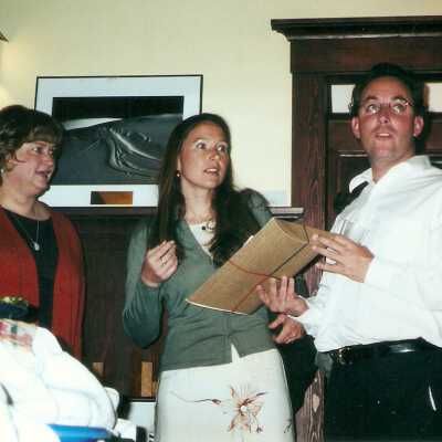 Karen Wood, Debbi Guillot, Chris Barr by R - Karen Wood Retirement Party March 2001; James Spellman