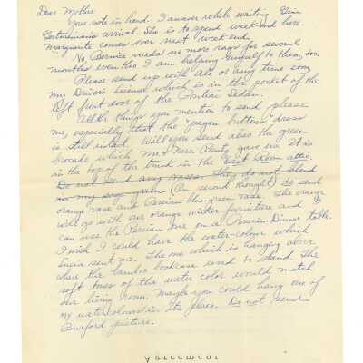 March 13, 1932, San Francisco, Letter written on back of saftey appliance company agreement from Kathleen Ali to Mrs. W.R. Goddard, redecorating apartment, orange wicker furniture, paintings, envelope included